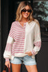 Colorblock Striped Patchwork Henley Pullover Top Exposed-Seam Drop-Shoulder